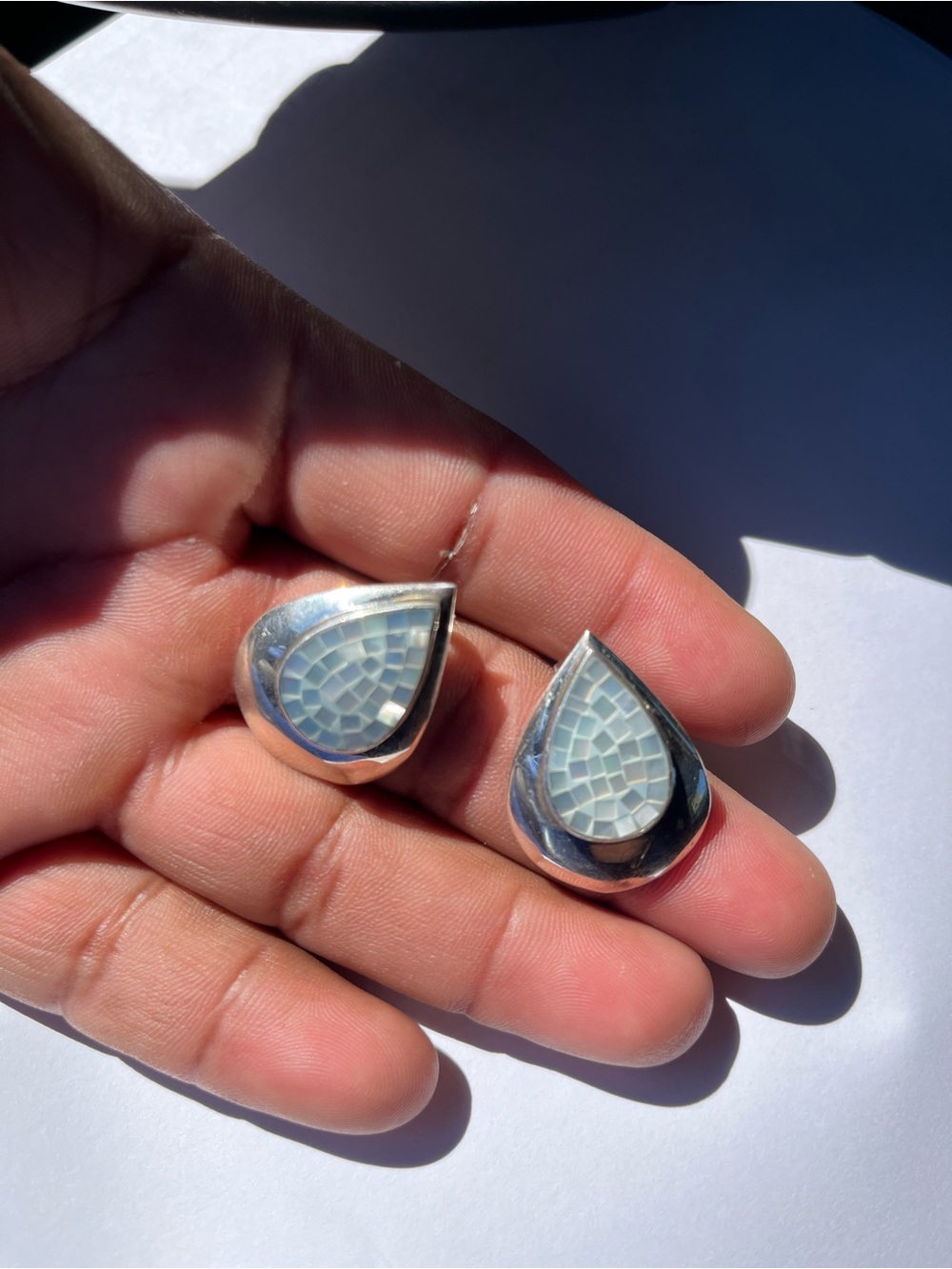 Silver Teardrop Stud Earrings with Light Blue Mosaic Inlay